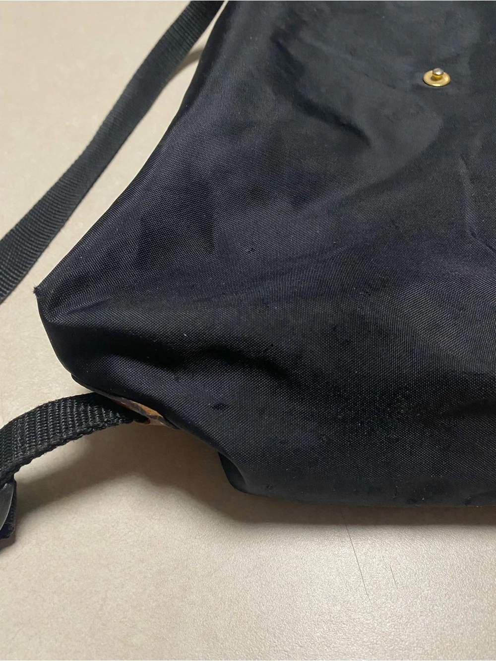 Longchamp Le Pliage Drawstring backpack Black Tan Leather 2 Way Folding NAM LIG